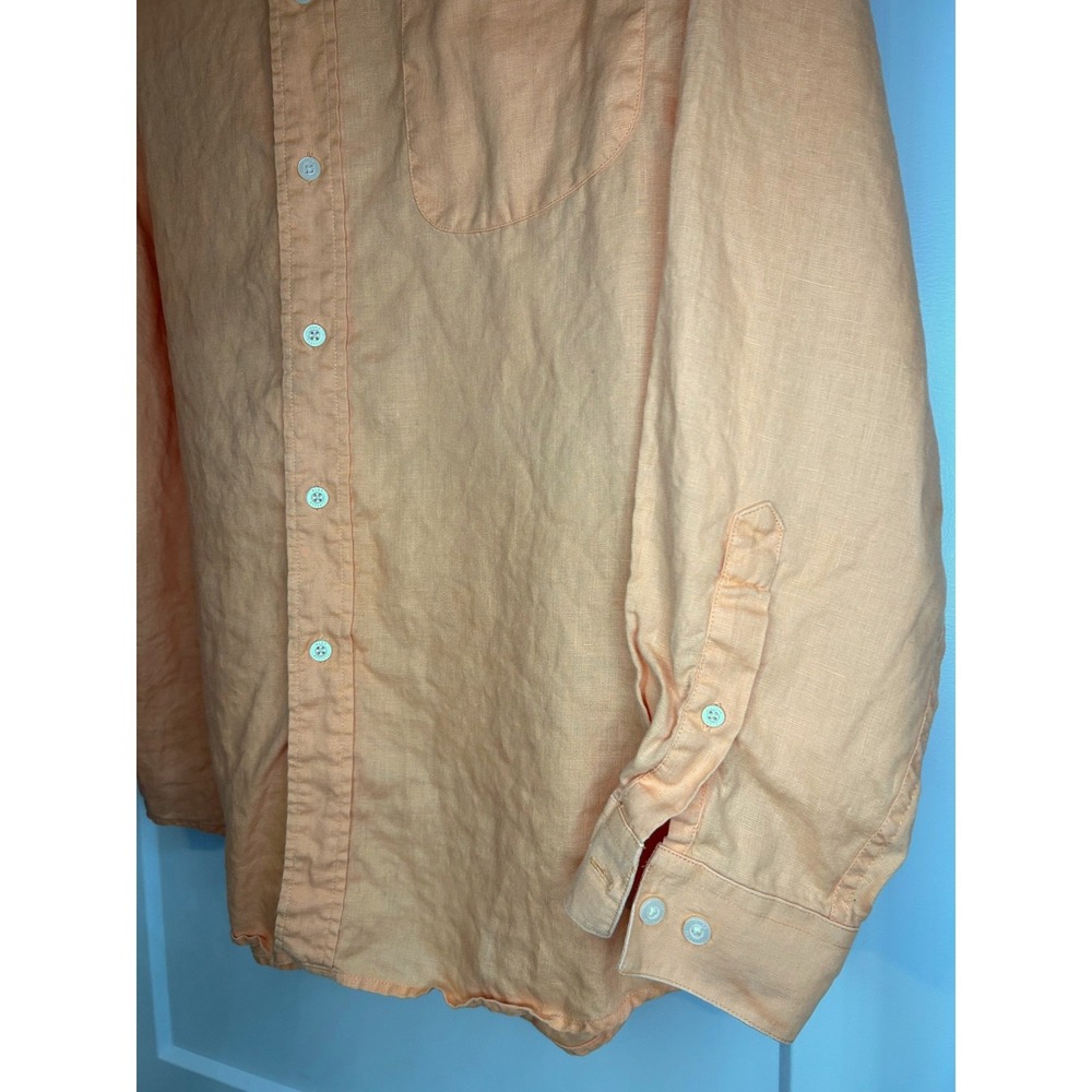 Alan Flusser Mens Linen Button Down Shirt Large Peach Orange Long Sleeve Pocket - Picture 3 of 8